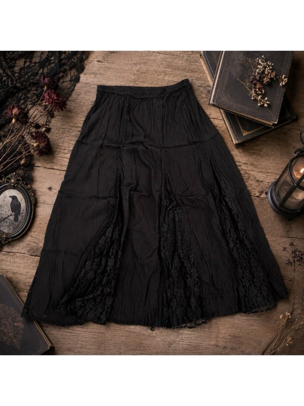 Vintage Black Lace Broomstick Maxi Skirt Size M 8/10 Whimsygoth Witchy Costume